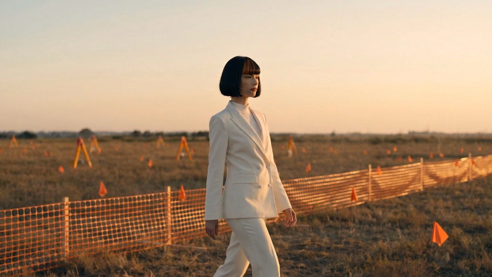 Claudia in a white suit crossing a fenced field at dusk